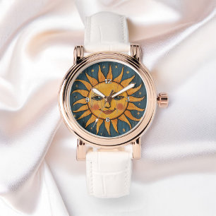 Folk Art Geschilderde Zon Gezicht op Houten Planke Horloge