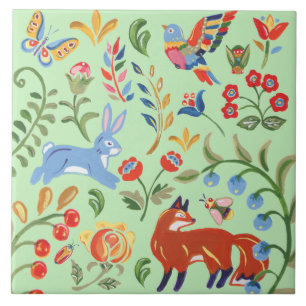 Folk Art Green Animal Woodland Floral Fox Rabbit Tegeltje