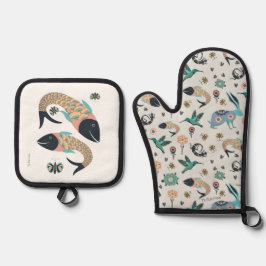 Folk art handschoen en vis art pot houder ovenwant & pannenlap set