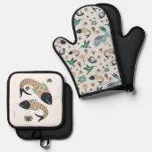 Folk art handschoen en vis art pot houder ovenwant & pannenlap set (Voorkant / Achterkant)