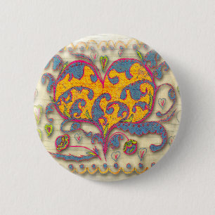 Folk Art Heart met bladeren en bloemen Ronde Button 5,7 Cm