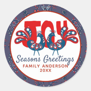 Folk Art Kerst Scandinavische Vogel Rood Blauw Ronde Sticker