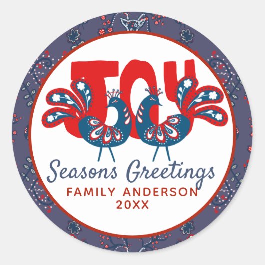 Folk Art Kerst Scandinavische Vogel Rood Blauw Ronde Sticker (Voorkant)