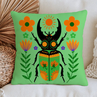 Folk Art Kever Insect Illustratie Groen Bloemmotie Kussen