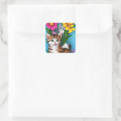 Folk Art Kittens en bloemen Vierkante Sticker (Tas)