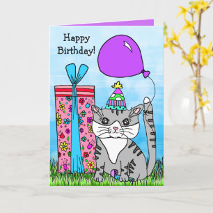 Folk Art Kitty Cat Happy Birthday Kaart