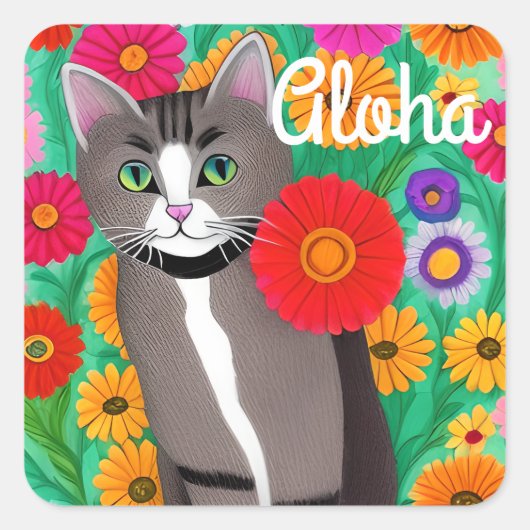 Folk Art Kleurrijke Kat en Bloemen Aloha Vierkante Sticker (Voorkant)