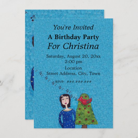 Folk Art Lady Apple Tree Zingt Red Bird Blue Kaart (Voorkant / Achterkant)