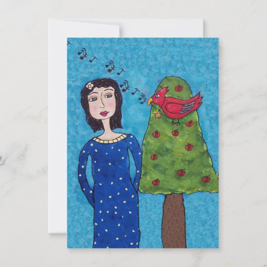 Folk Art Lady Apple Tree Zingt Red Bird Blue Kaart (Achterkant)