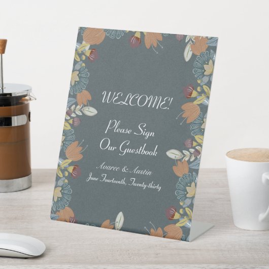 Folk Art Lijst in Blauw Bruin Tan Reclamebord Met Voetstuk (Insitu)