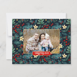 Folk Art Mistletoe Holly Berries Kerstmis Foto Feestdagenkaart