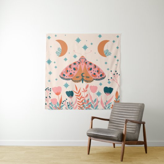 Folk Art Moths: Heldere illustratie Wandkleed (In situ)