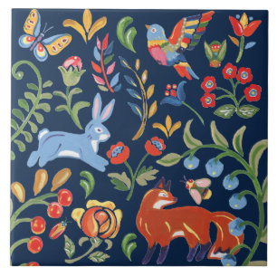 Folk Art Navy Animal Woodland Floral Fox Rabbit Tegeltje
