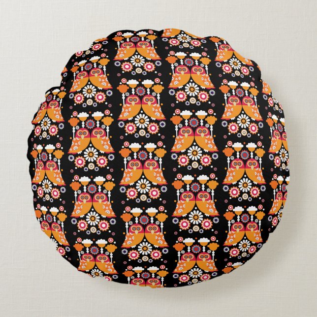 Folk Art Owl Rond Kussen (Voorkant)