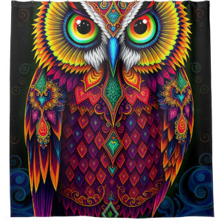 Folk Art Owl: Whimsical Red Teal Design Douchegordijn