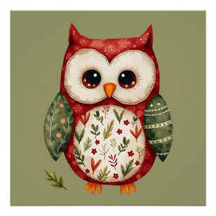 Folk Art Owl Woodland Cottagecore Design Perfect Poster