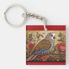 Folk Art parkiet met bloemen Sleutelhanger