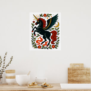 Folk Art Pegasus Eenhoorn Bloemrijke Hemelse Poste Poster