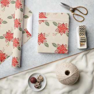 Folk Art Poinsettia Rustic Kerstwinter Floral Cadeaupapier