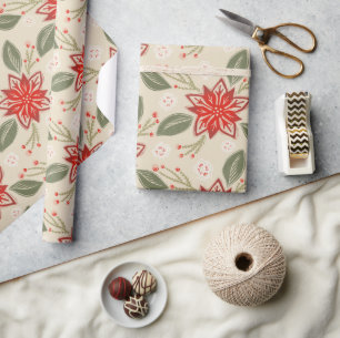 Folk Art Poinsettia Rustic Kerstwinter Floral Cadeaupapier