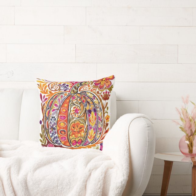 Folk Art Pompoen Sierkussen Rustieke Herfst Bloeme (Bank)
