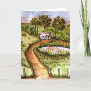 Folk Art Print, Kleine kunst, Cabin, Bossen, Schil Kaart
