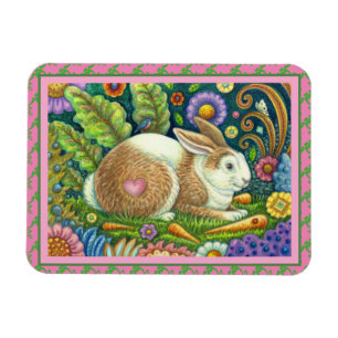 FOLK ART RABBIT, BLUEBIRD, WHIMSICAL SECRET GARDEN MAGNEET
