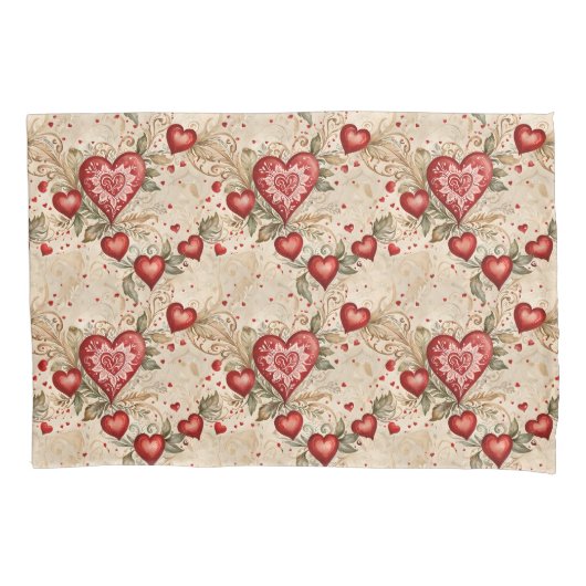 Folk Art Red Hearts Kussensloop (Voorkant)