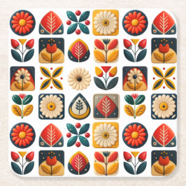 Folk Art Retro Bloemenmozaïek Gezelligheid Vierkante Kartonnen Onderzetter