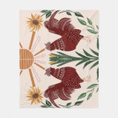 Folk Art Rooster Zonneschijn Symmetrisch Ontwerp Fleece Deken (Voorkant)