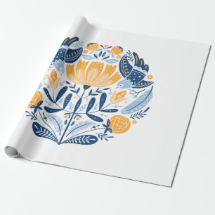 Folk art round-versiering met vogels, rozen en blo cadeaupapier