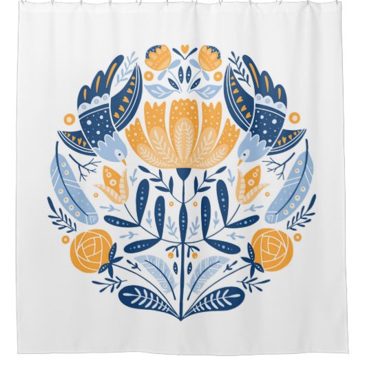 Folk art round-versiering met vogels, rozen en blo douchegordijn (Voorkant)