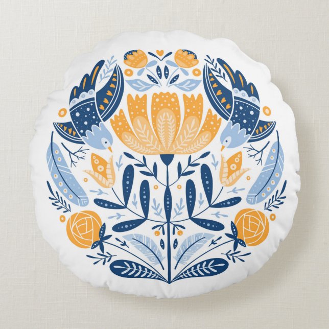 Folk art round-versiering met vogels, rozen en blo rond kussen (Voorkant)