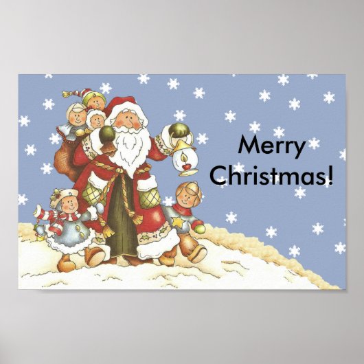 Folk Art Santa Kinder kerstsnowflakes Poster (Voorkant)