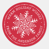 Folk art sneeuwvlok warme winter wensen rood ronde sticker (Voorkant)