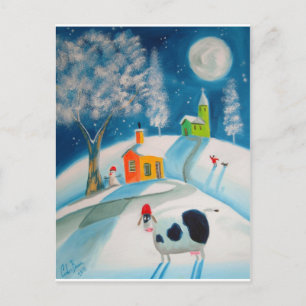 FOLK ART SNOW SCENE COW MOON BRIEFKAART