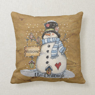 Folk Art Snowman op Old Newspaper Kussen