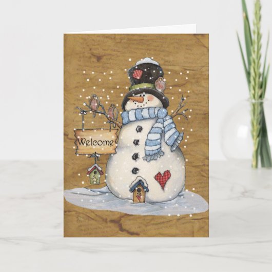 Folk Art Snowman sur la carte de voeux Parchemin (Devant)
