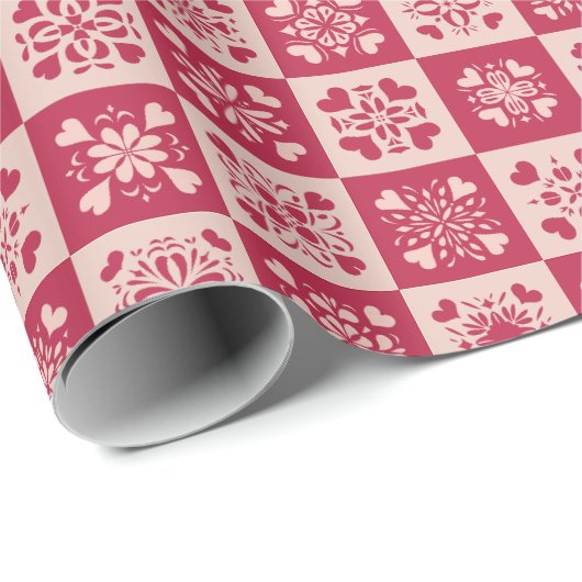 Folk Art Stenciled Heart Pattern Red en Roze Cadeaupapier (Rol Hoek)
