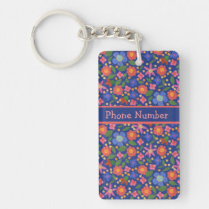 Folk Art Stijl Bloemen, Blauwe Oblong Sleutelhang Sleutelhanger