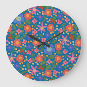 Folk Art Stijl Bloemen op Blauwe Acryl Wandklok Grote Klok
