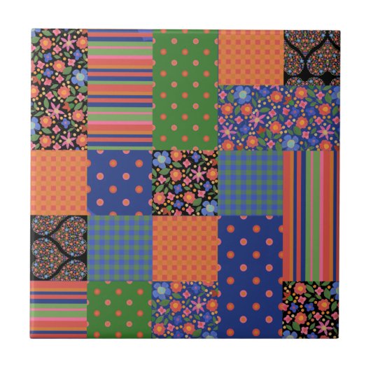 Folk Art Style Faux Patchwork-keramische Tegel Tegeltje (Voorkant)