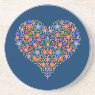 Folk Art Style Floral Heart Blue Sandstone Onderze Zandsteen Onderzetter