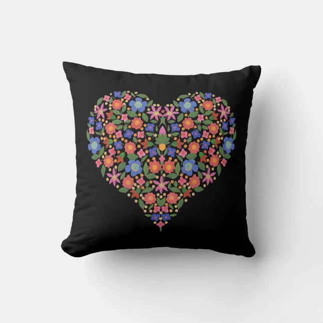 Folk Art Style Floral Heart op Black Pillow Kussen (Voorkant)