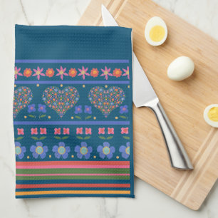 Folk Art Style Floral Hearts Border Kitchen Towel Theedoek