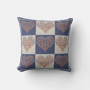 Folk Art Style Floral Hearts Checkerboard Pillow Kussen