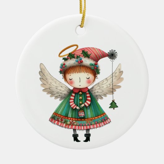Folk Art Style Schattige Angel Keramisch Ornament (Voorkant)