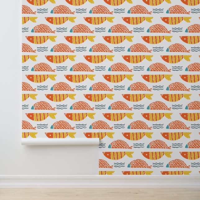 Folk Art Swimming Fish Patroon Behang (Applicatie)