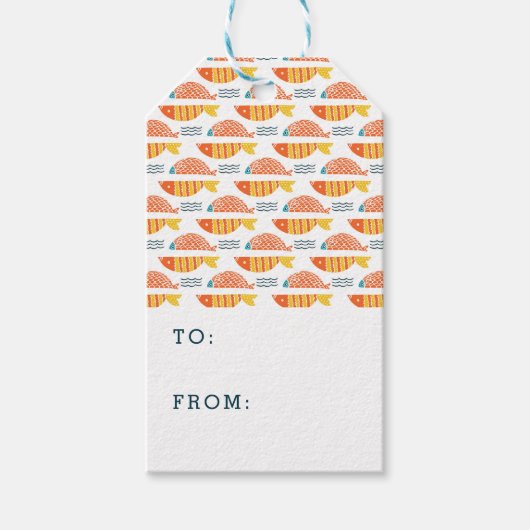 Folk Art Swimming Fish Patroon Cadeaulabel (Voorkant)