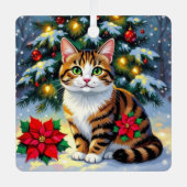 Folk Art Tabby Cat and Custom Message Christmas Metalen Ornament (Voorkant)